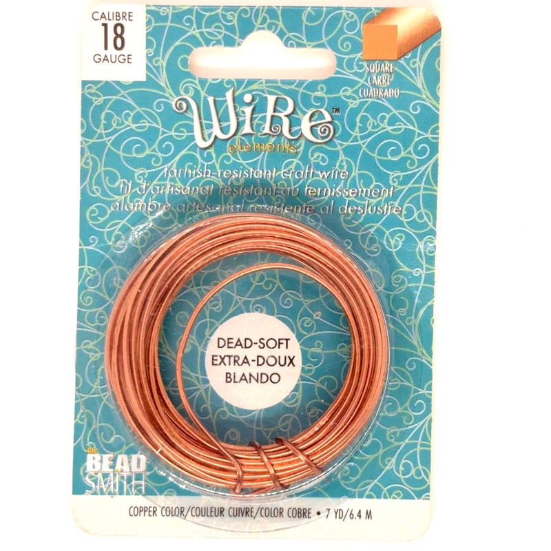 BeadSmith 18ga Square Natural Copper Wire with Anti Tarnish Coating - 6.4 Metres
