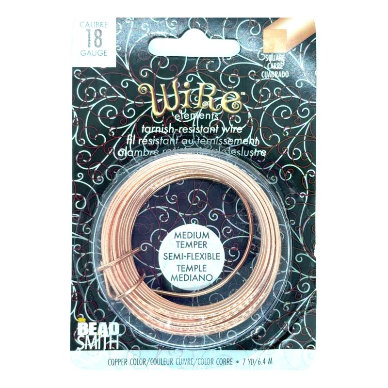 BeadSmith 18ga Square Half Hard Natural Copper Wire with Anti Tarnish Coating - 6.4 Metres